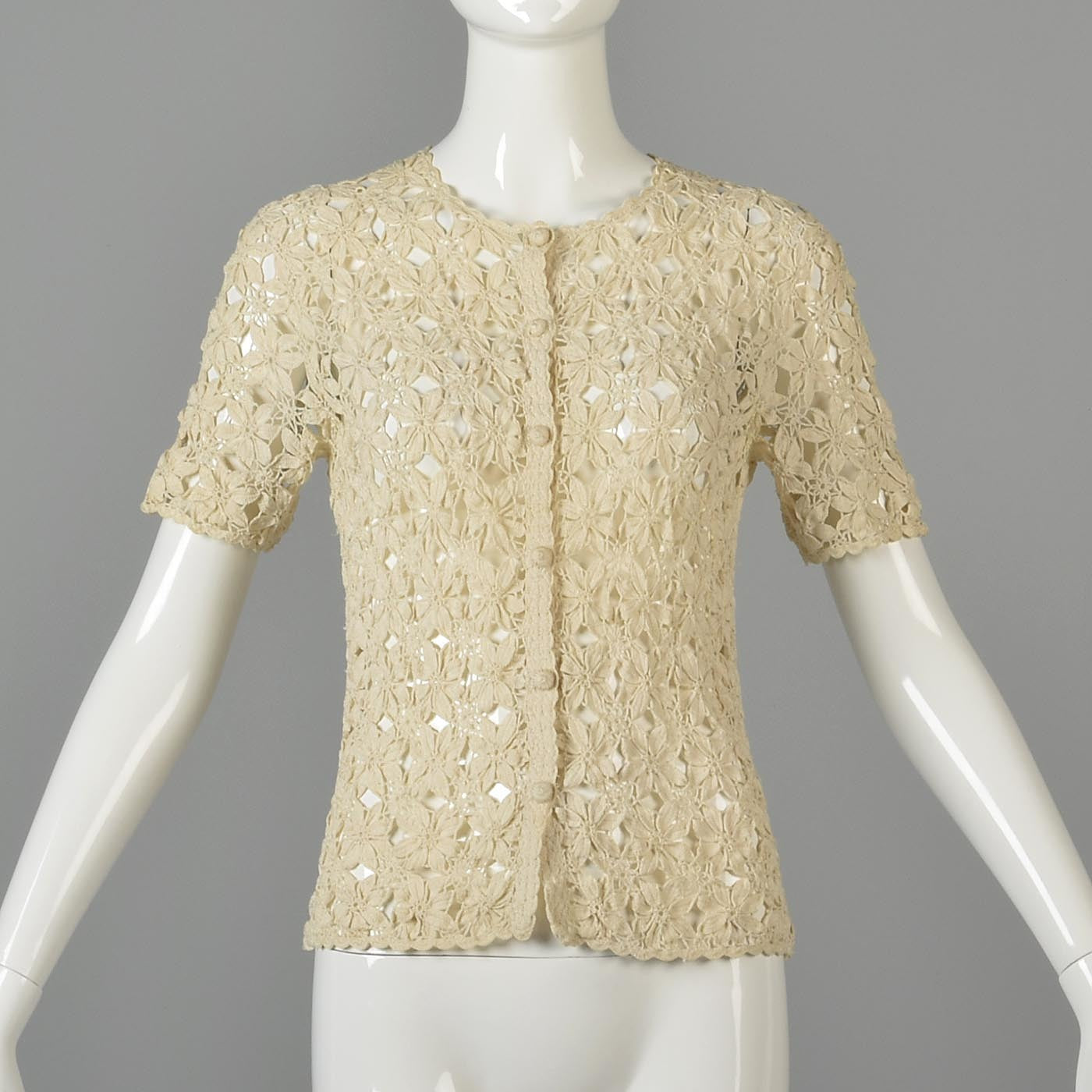 1960s Cotton Crochet Cardigan with Floral Design