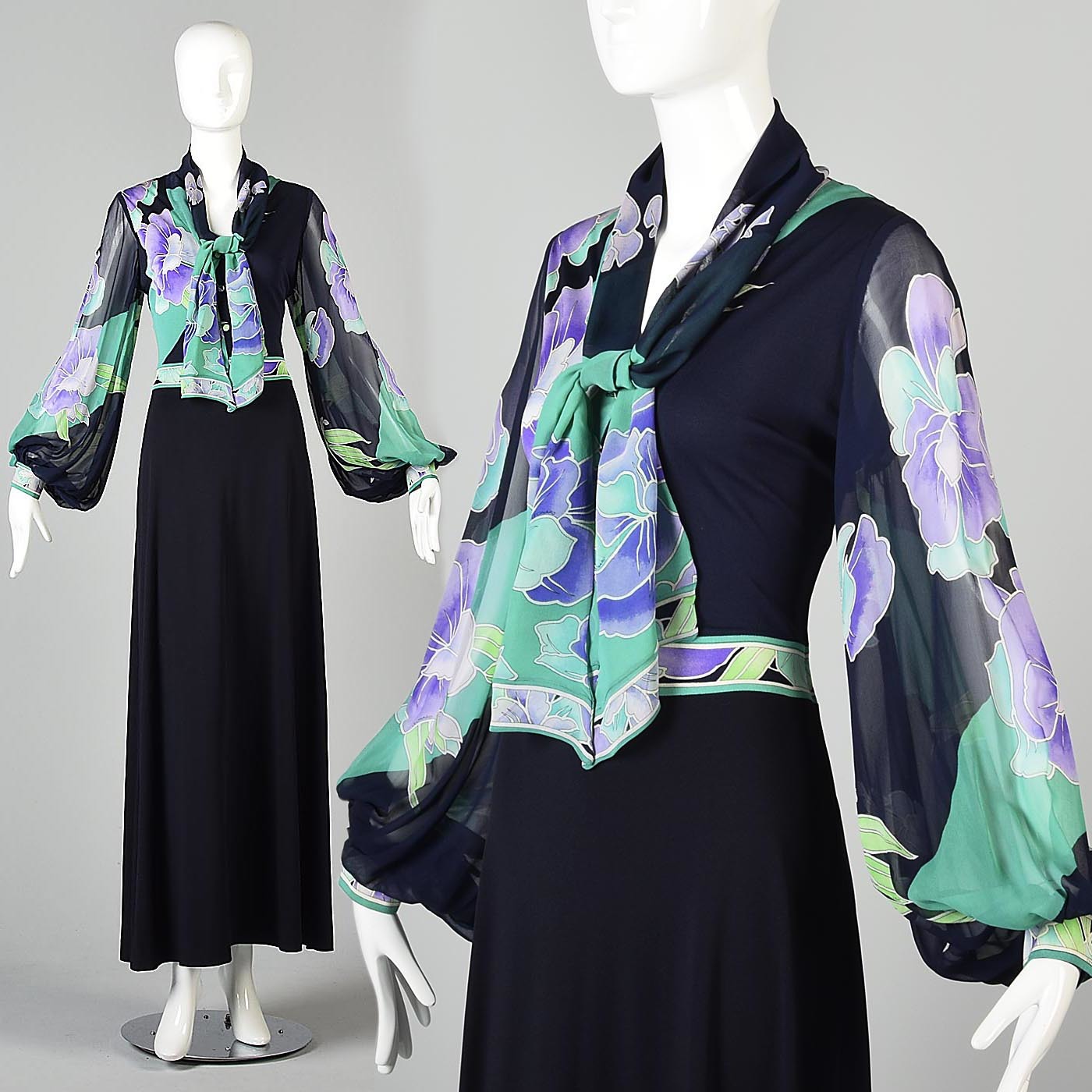 Leonard Paris Silk Jersey Evening Gown with Chiffon Poet Sleeves