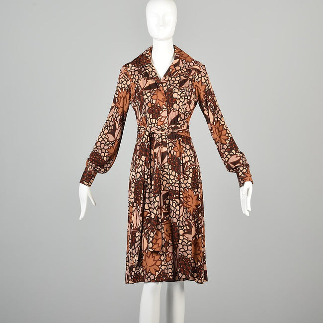 1970s La Mendola Bohemian Silk Jersey Dress in an Autumn Leaf Print