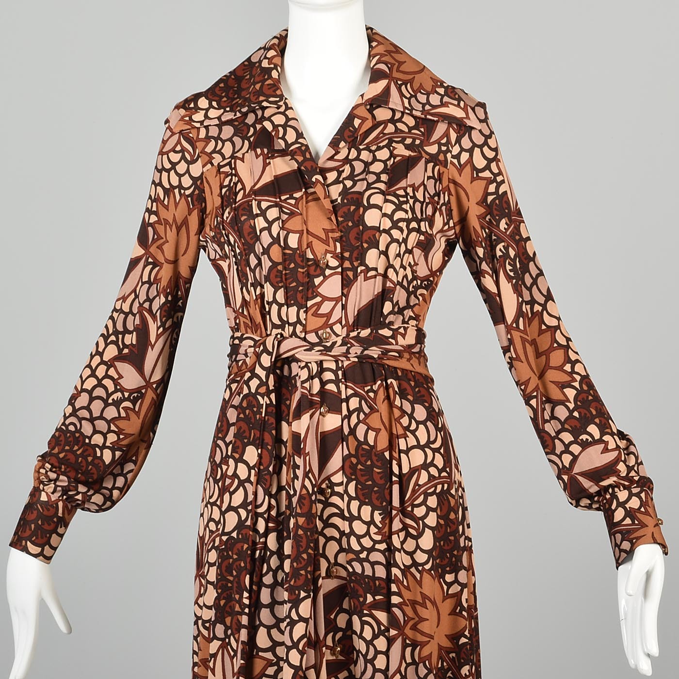 1970s La Mendola Bohemian Silk Jersey Dress in an Autumn Leaf Print