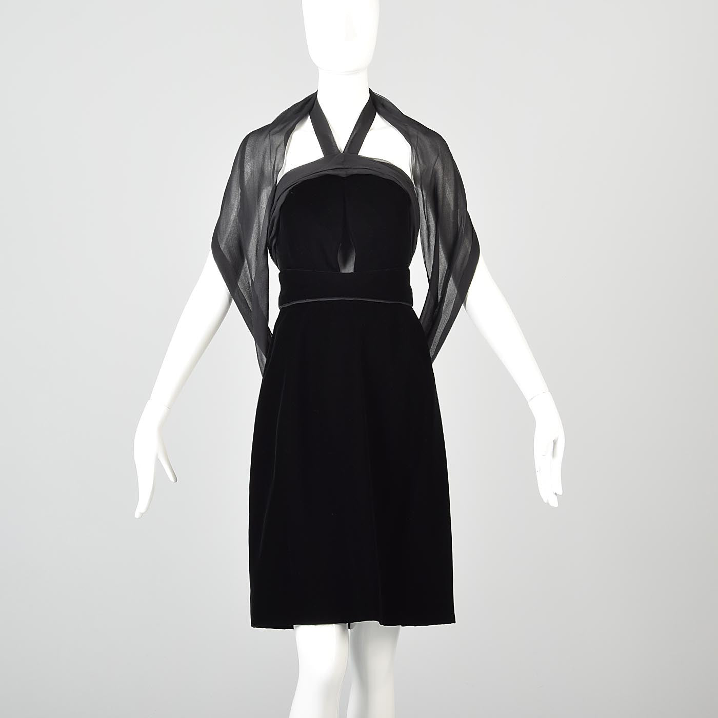 Yves Saint Laurent Black Velvet Dress with a Silk Chiffon Sash & Keyhole Waist