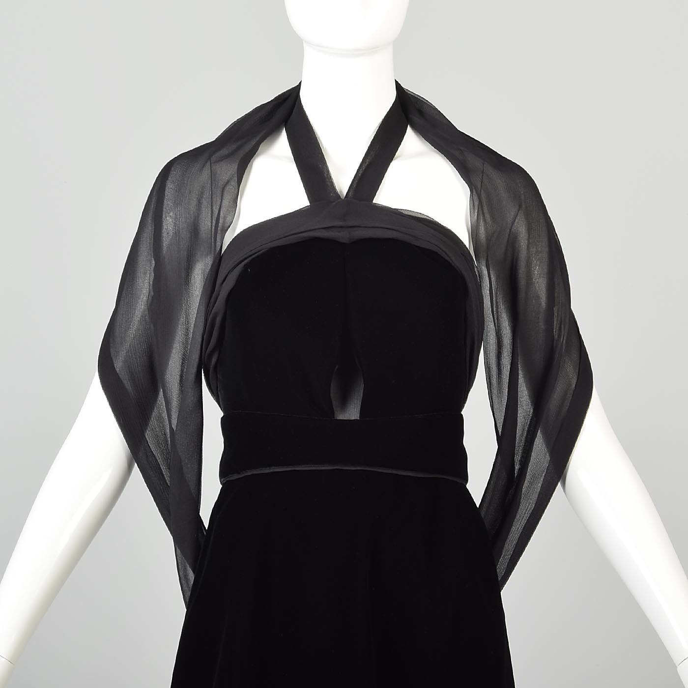 Yves Saint Laurent Black Velvet Dress with a Silk Chiffon Sash & Keyhole Waist