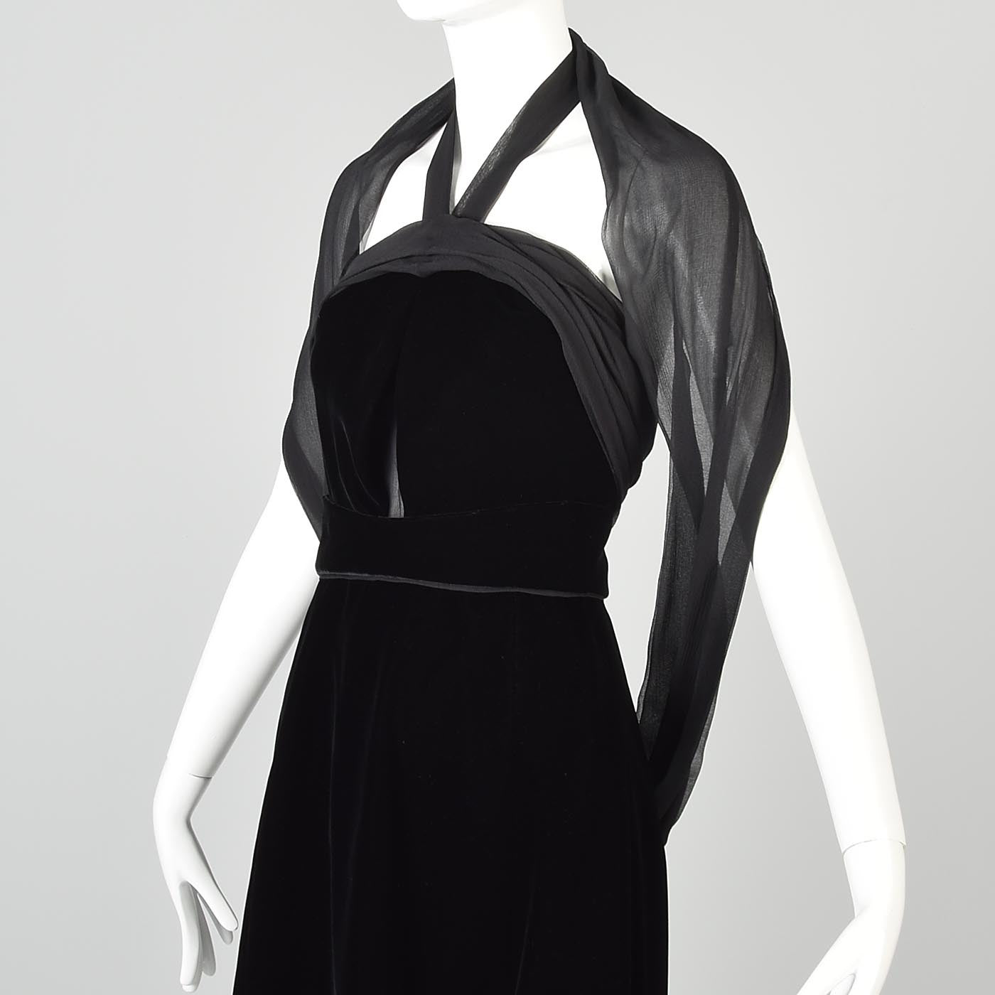 Yves Saint Laurent Black Velvet Dress with a Silk Chiffon Sash & Keyhole Waist