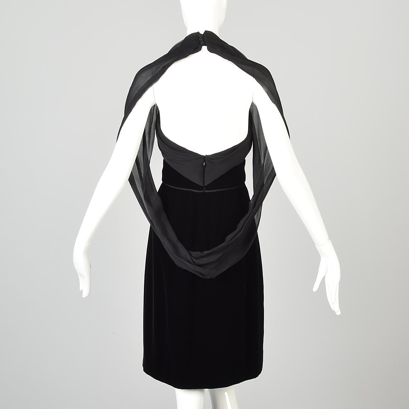 Yves Saint Laurent Black Velvet Dress with a Silk Chiffon Sash & Keyhole Waist