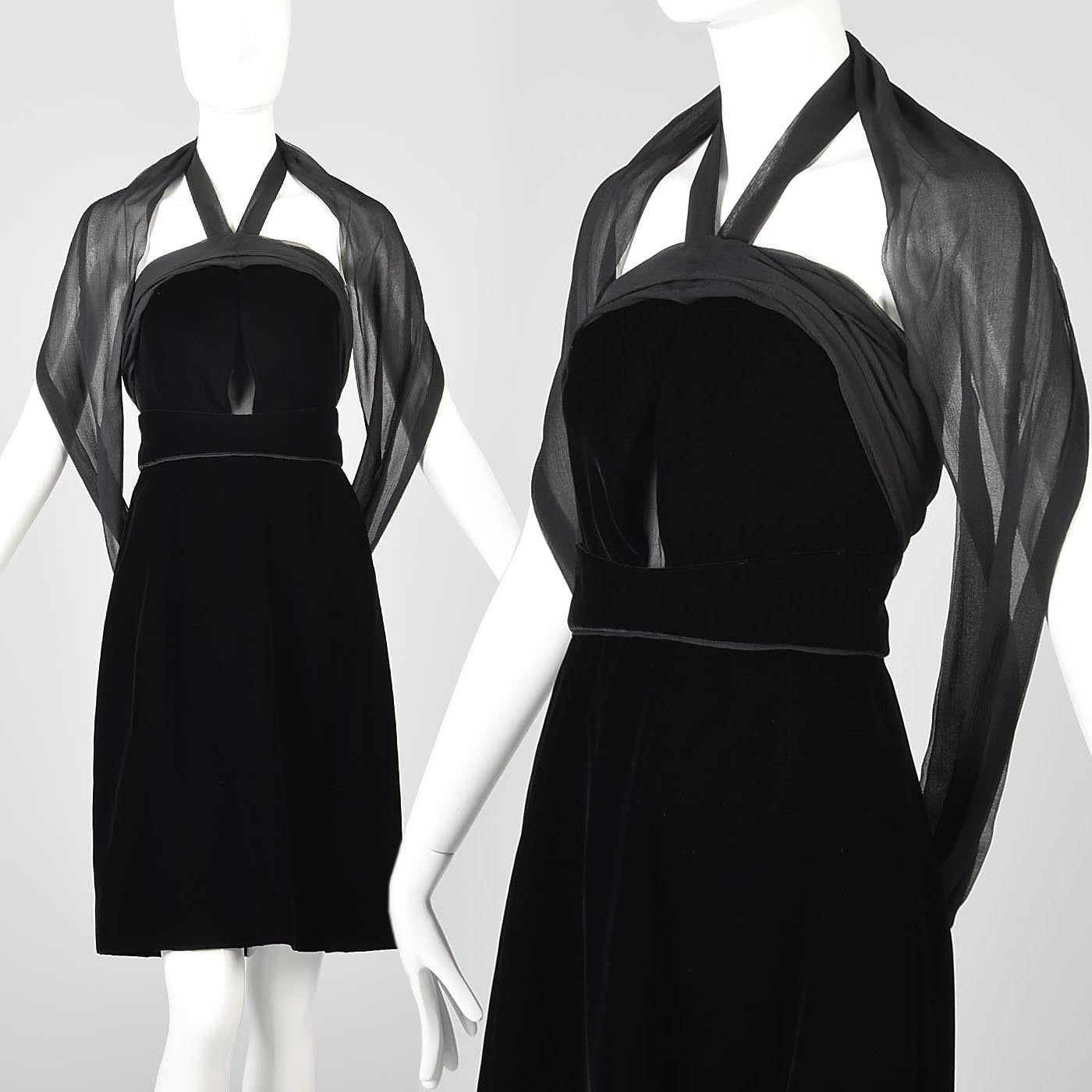 Yves Saint Laurent Black Velvet Dress with a Silk Chiffon Sash & Keyhole Waist