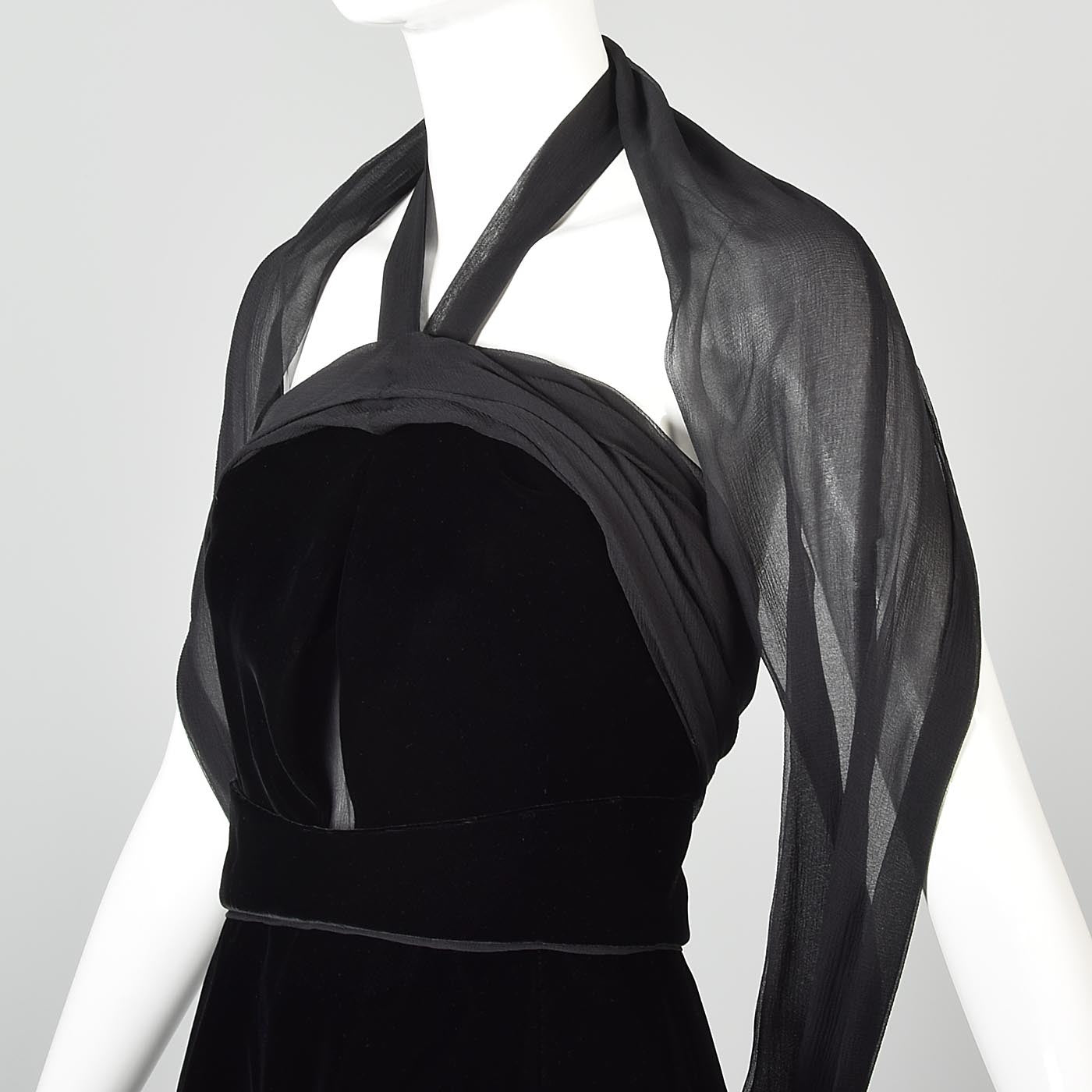 Yves Saint Laurent Black Velvet Dress with a Silk Chiffon Sash & Keyho Style & Salvage Yves Saint Laurent Black Velvet Dress with a Silk Chiffon Sash & Keyho Style & Salvage