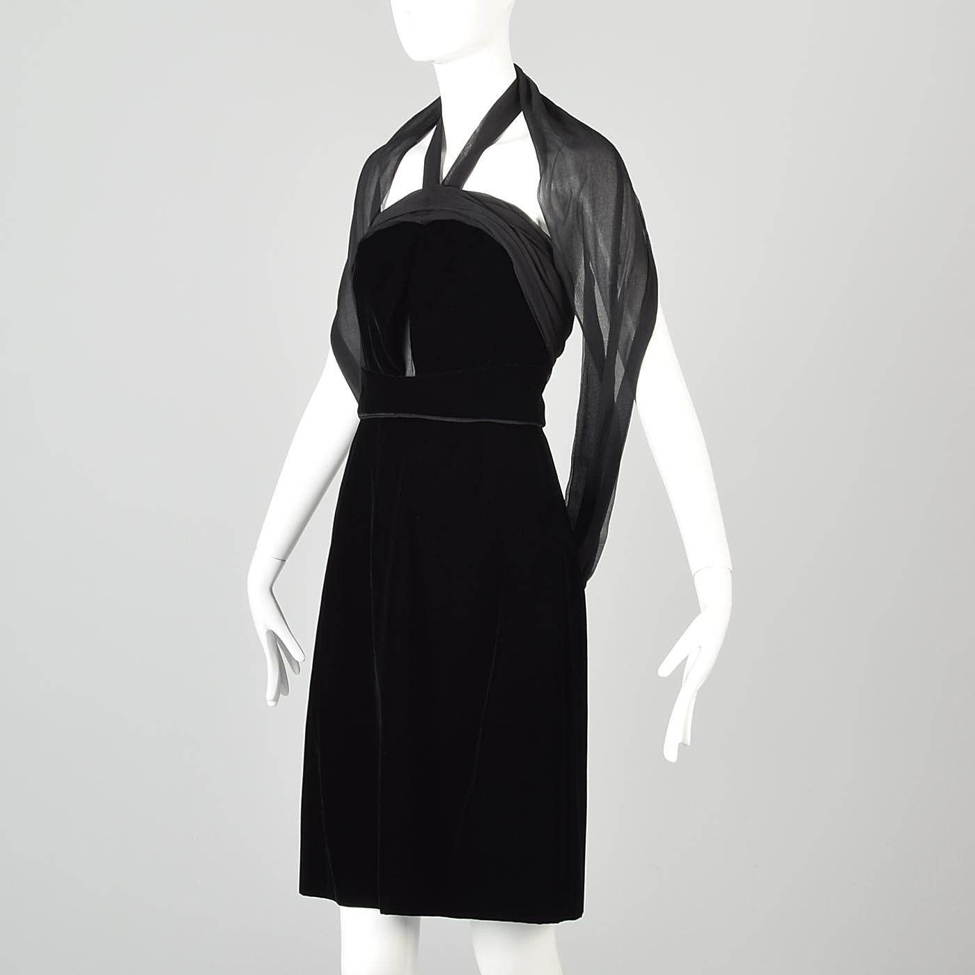 Yves Saint Laurent Black Velvet Dress with a Silk Chiffon Sash & Keyhole Waist