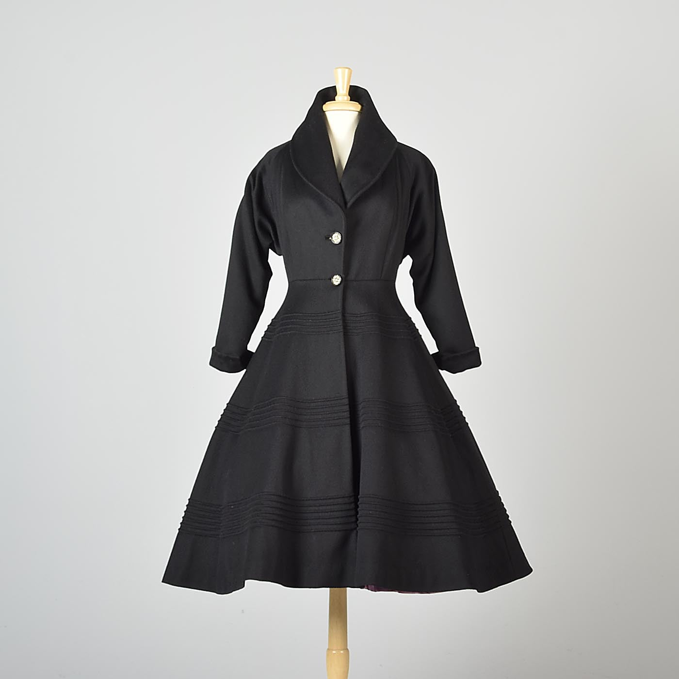 1950s Black Hourglass Princess Coat with Purple Lining