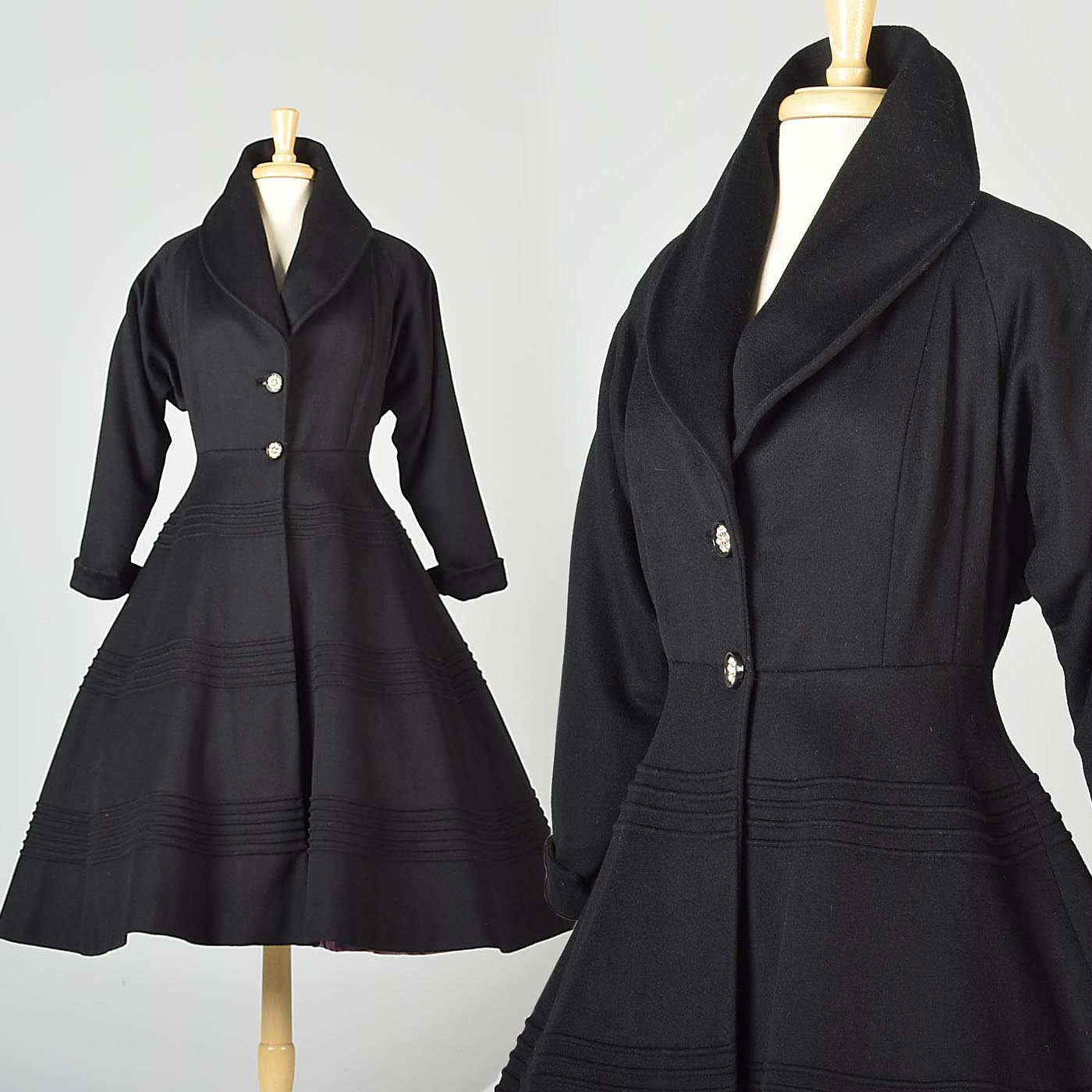 1950s Black Hourglass Princess Coat with Purple Lining