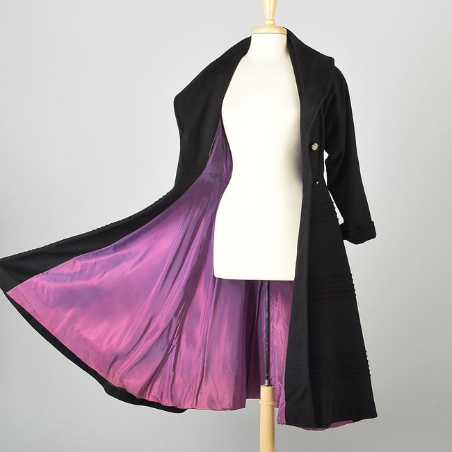 1950s Black Hourglass Princess Coat with Purple Lining