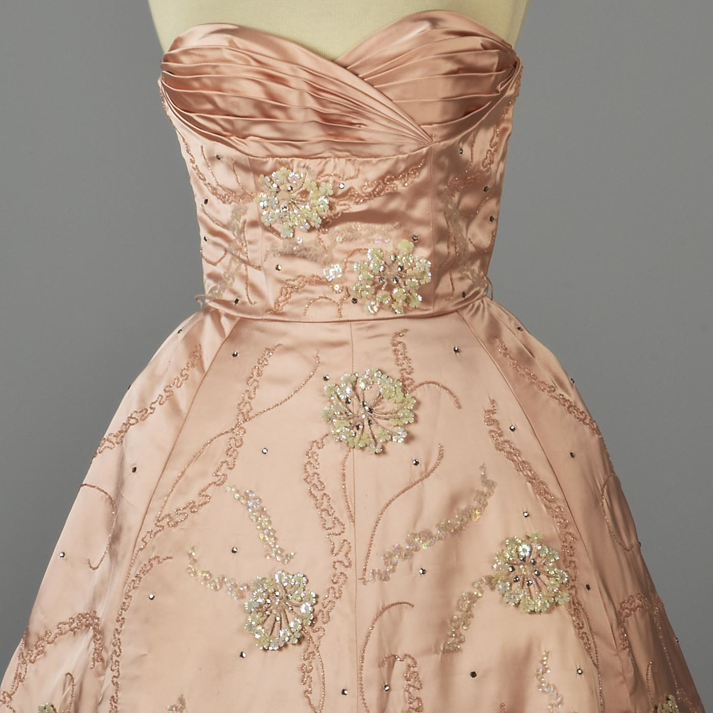 1950s Pink Silk Satin Gown with Three Dimensional Beading from Marshall Field's 28 Shop