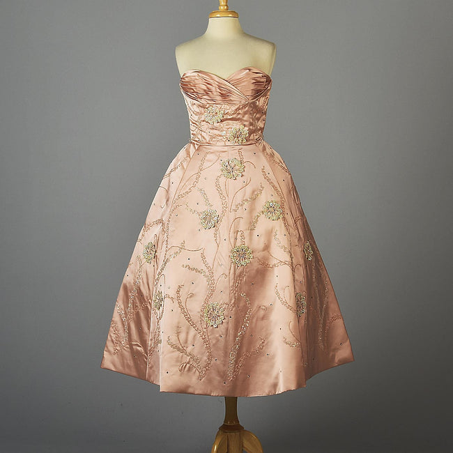 1950s Pink Silk Satin Gown with Three Dimensional Beading from Marshall Field's 28 Shop