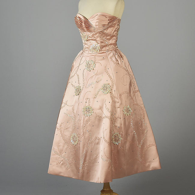 1950s Pink Silk Satin Gown with Three Dimensional Beading from Marshall Field's 28 Shop