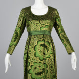 1970s Emerald Green Silk Lisa Meril Tissu Staron Evening Dress with Velvet Flocking & Gold Hand Painted Design