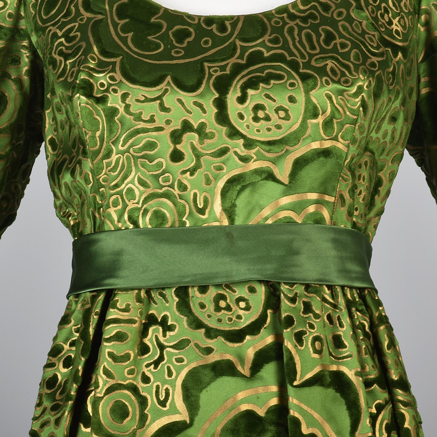 1970s Emerald Green Silk Lisa Meril Tissu Staron Evening Dress with Velvet Flocking & Gold Hand Painted Design