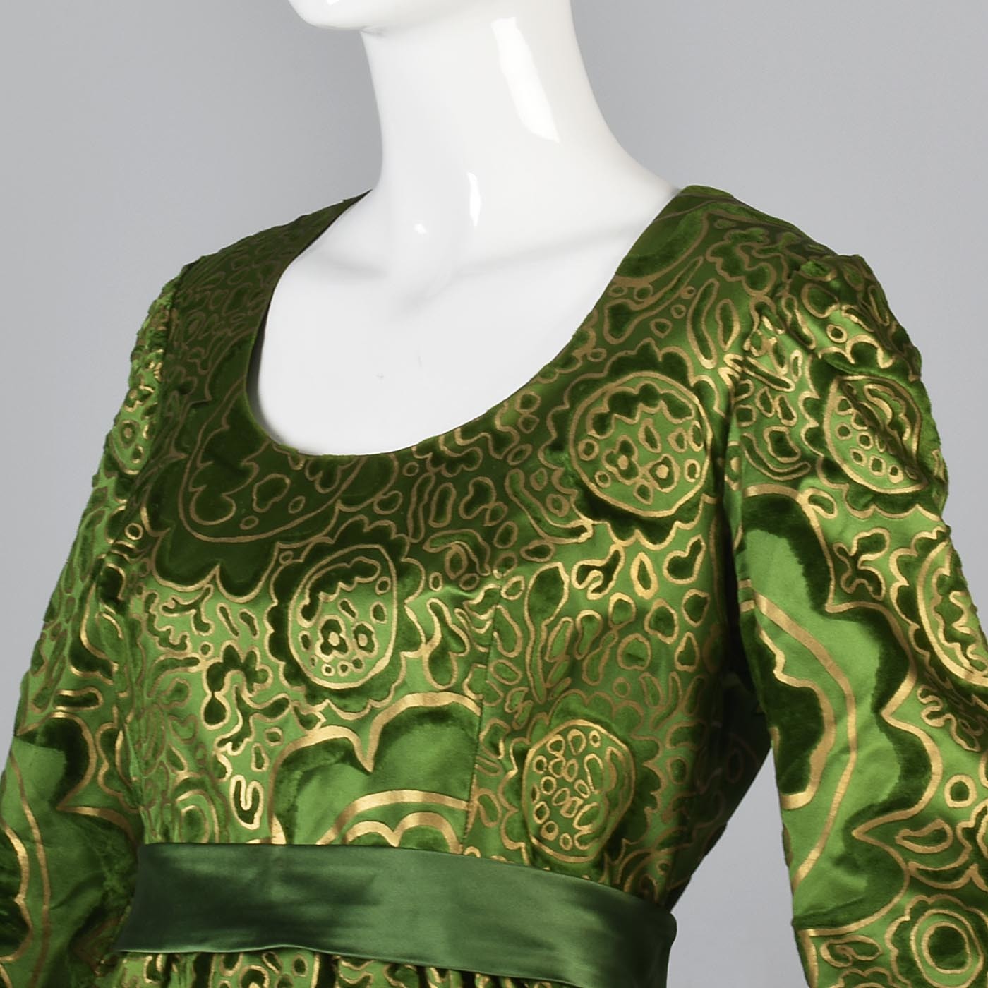 1970s Emerald Green Silk Lisa Meril Tissu Staron Evening Dress with Velvet Flocking & Gold Hand Painted Design