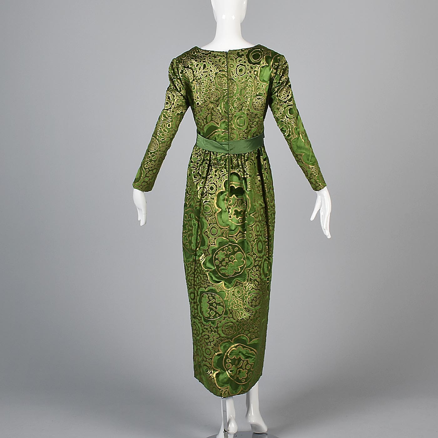 1970s Emerald Green Silk Lisa Meril Tissu Staron Evening Dress with Velvet Flocking & Gold Hand Painted Design