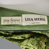 1970s Emerald Green Silk Lisa Meril Tissu Staron Evening Dress with Velvet Flocking & Gold Hand Painted Design