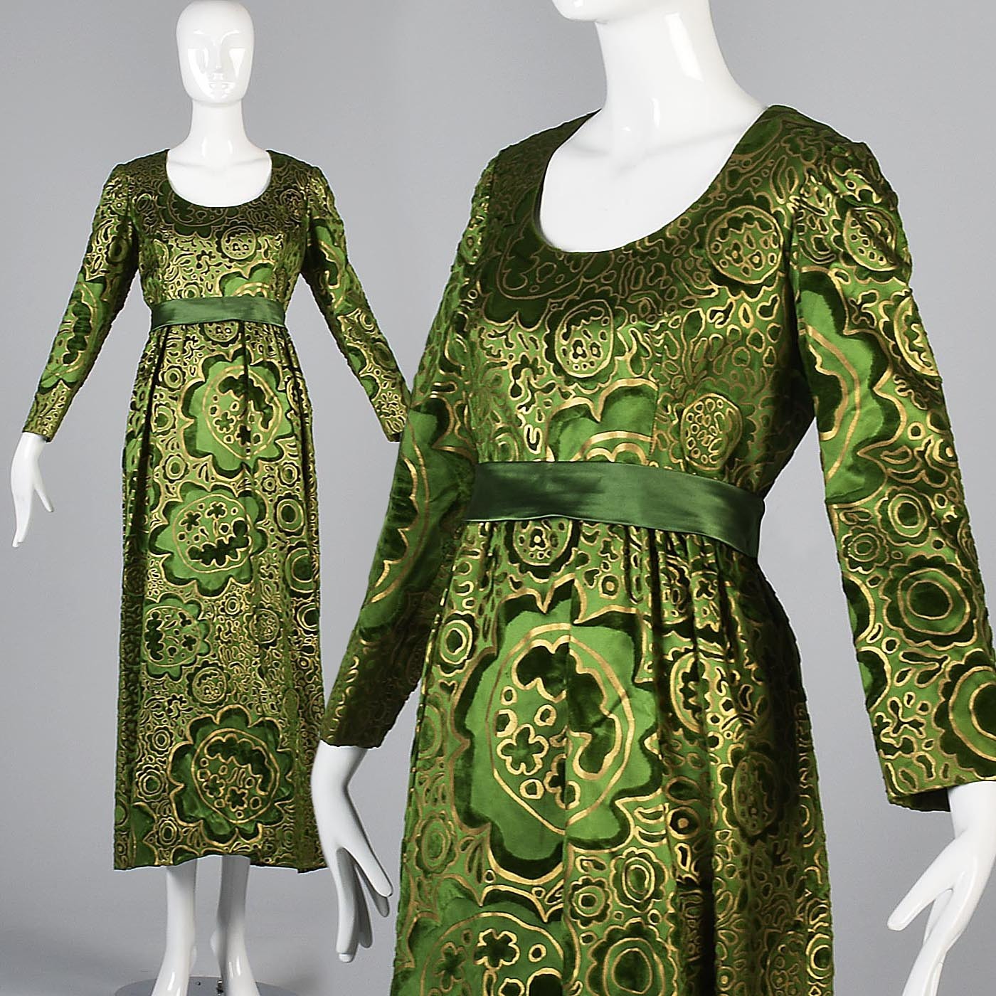 1970s Emerald Green Silk Lisa Meril Tissu Staron Evening Dress with Velvet Flocking & Gold Hand Painted Design