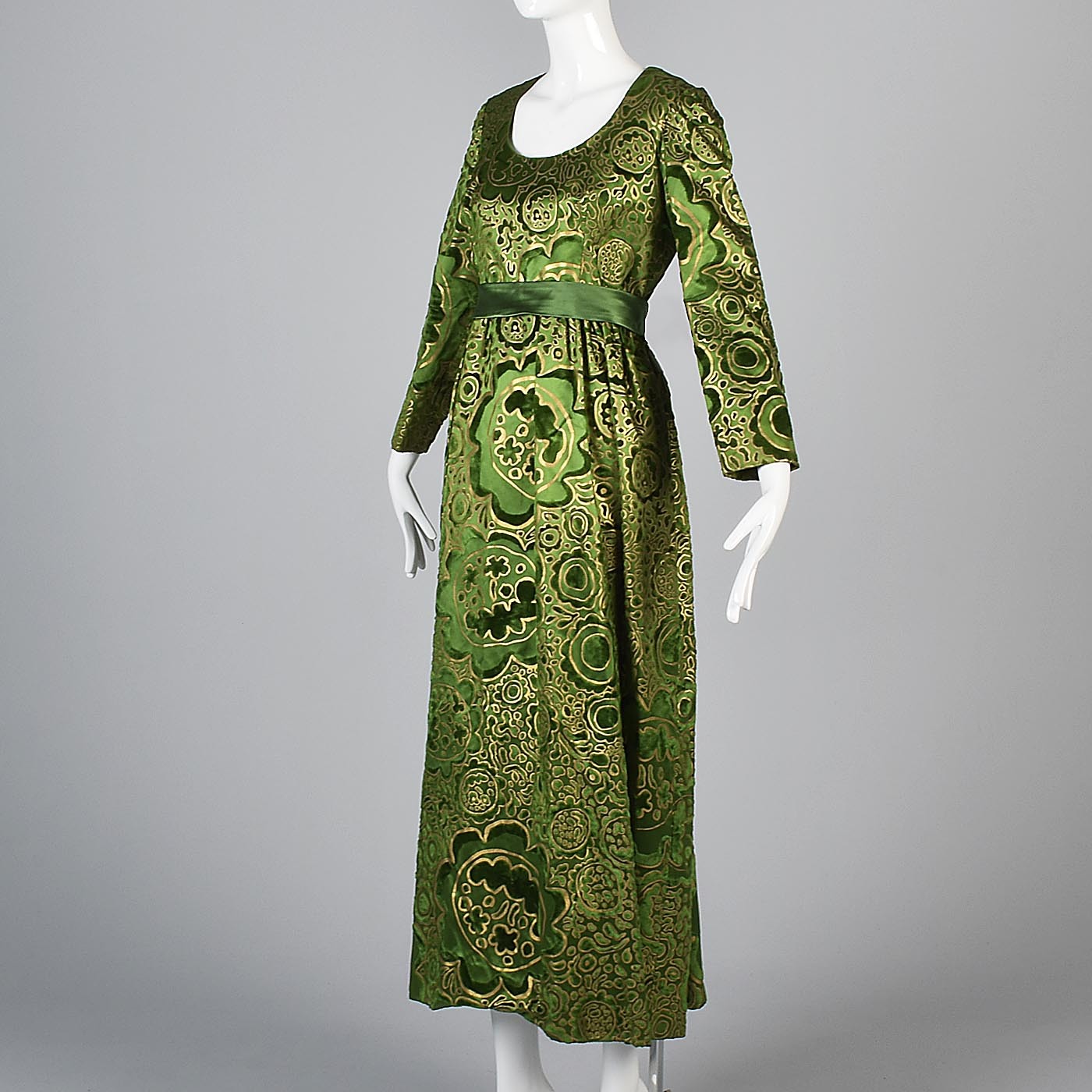 1970s Emerald Green Silk Lisa Meril Tissu Staron Evening Dress with Velvet Flocking & Gold Hand Painted Design