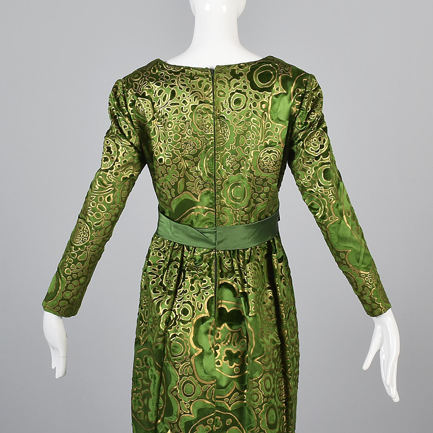 1970s Emerald Green Silk Lisa Meril Tissu Staron Evening Dress with Velvet Flocking & Gold Hand Painted Design