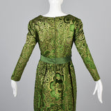 1970s Emerald Green Silk Lisa Meril Tissu Staron Evening Dress with Velvet Flocking & Gold Hand Painted Design