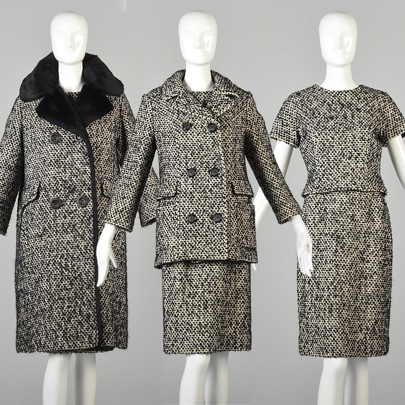 1960s Four Piece Tweed Set with Top, Skirt, Jacket, and Coat