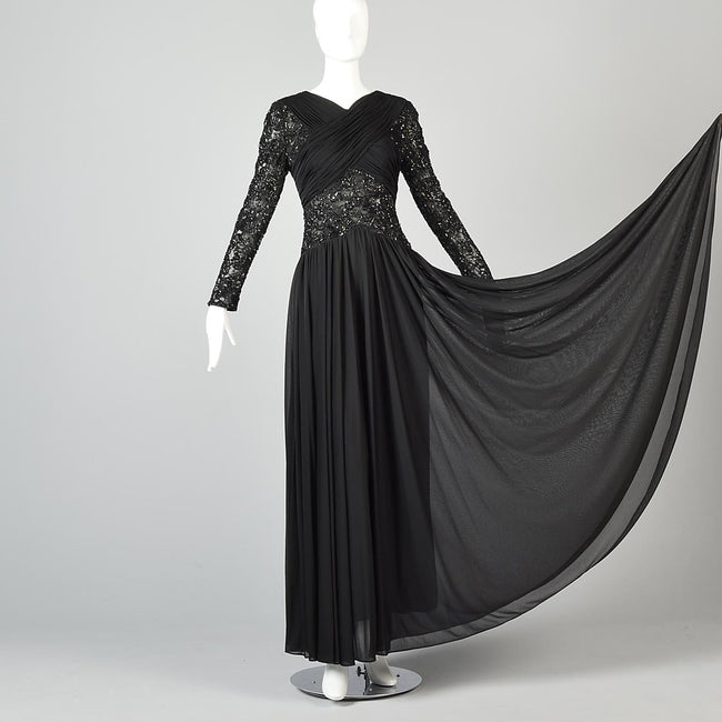 1970s Victoria Royal Black Dress with Sheer Beaded Panels