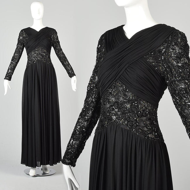 1970s Victoria Royal Black Dress with Sheer Beaded Panels