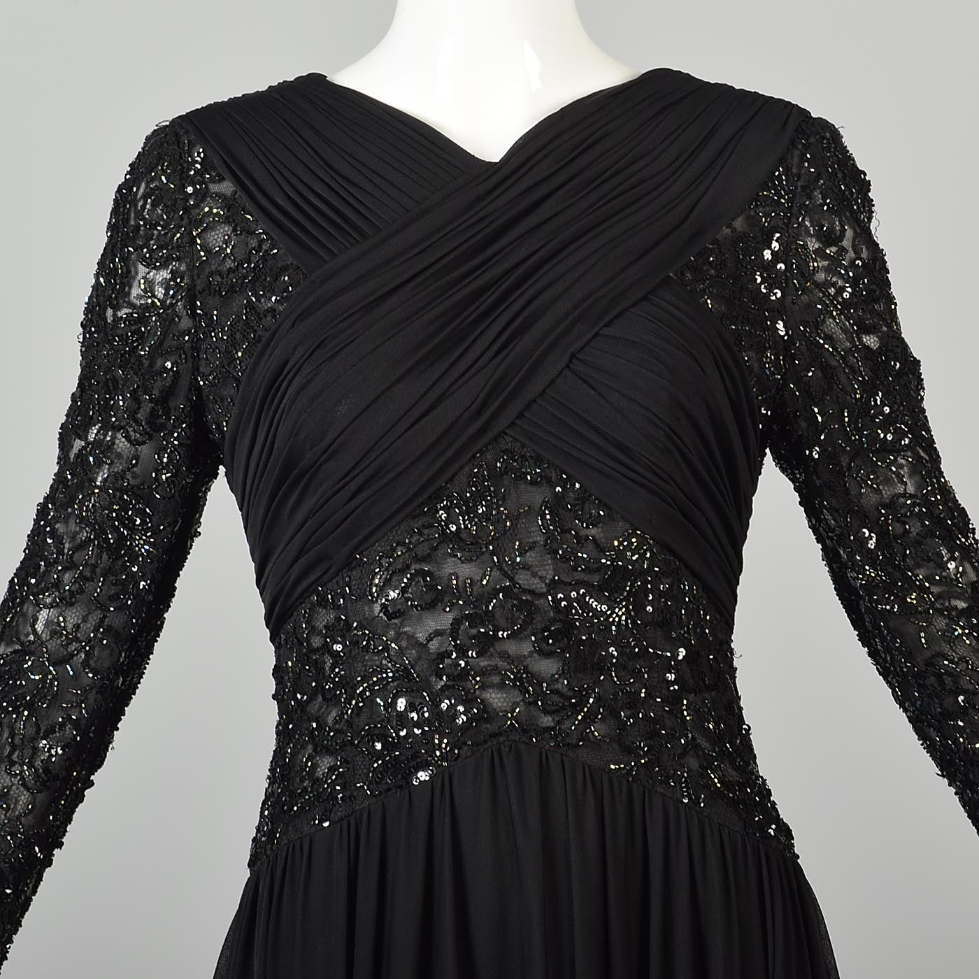 1970s Victoria Royal Black Dress with Sheer Beaded Panels