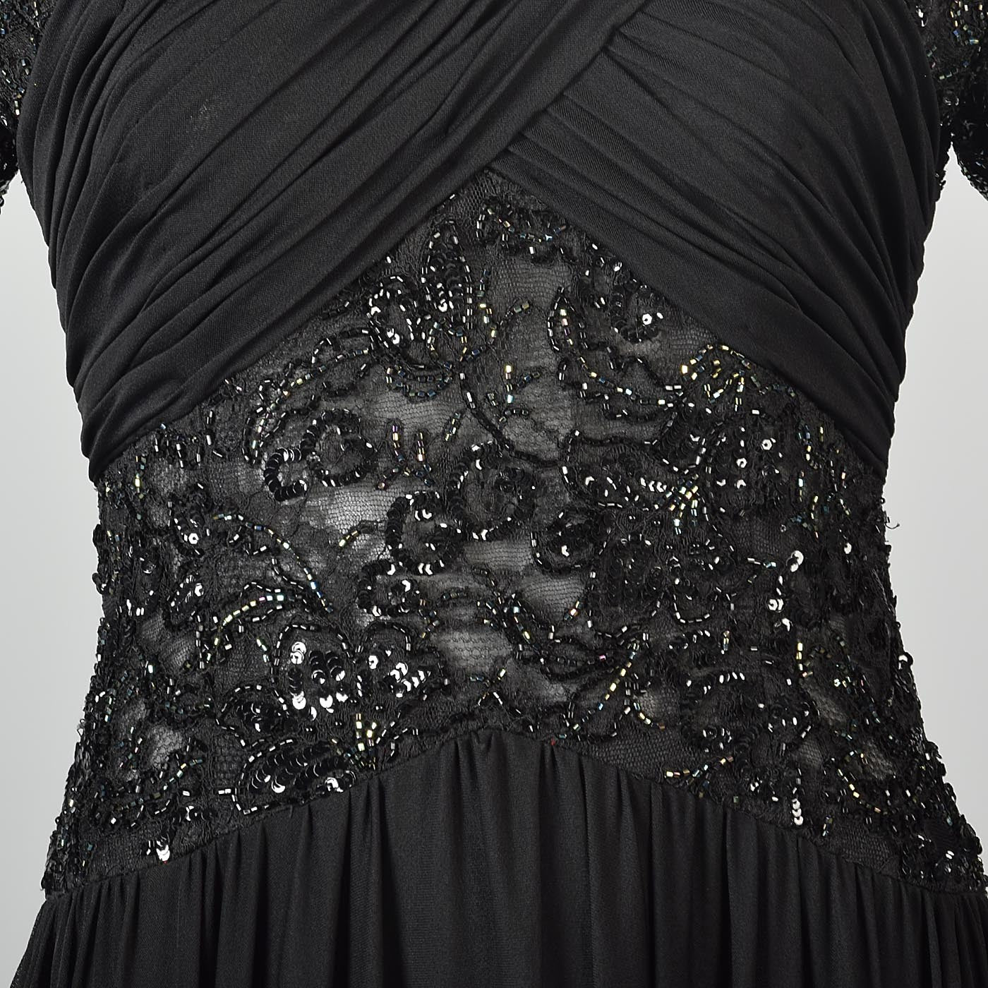 1970s Victoria Royal Black Dress with Sheer Beaded Panels