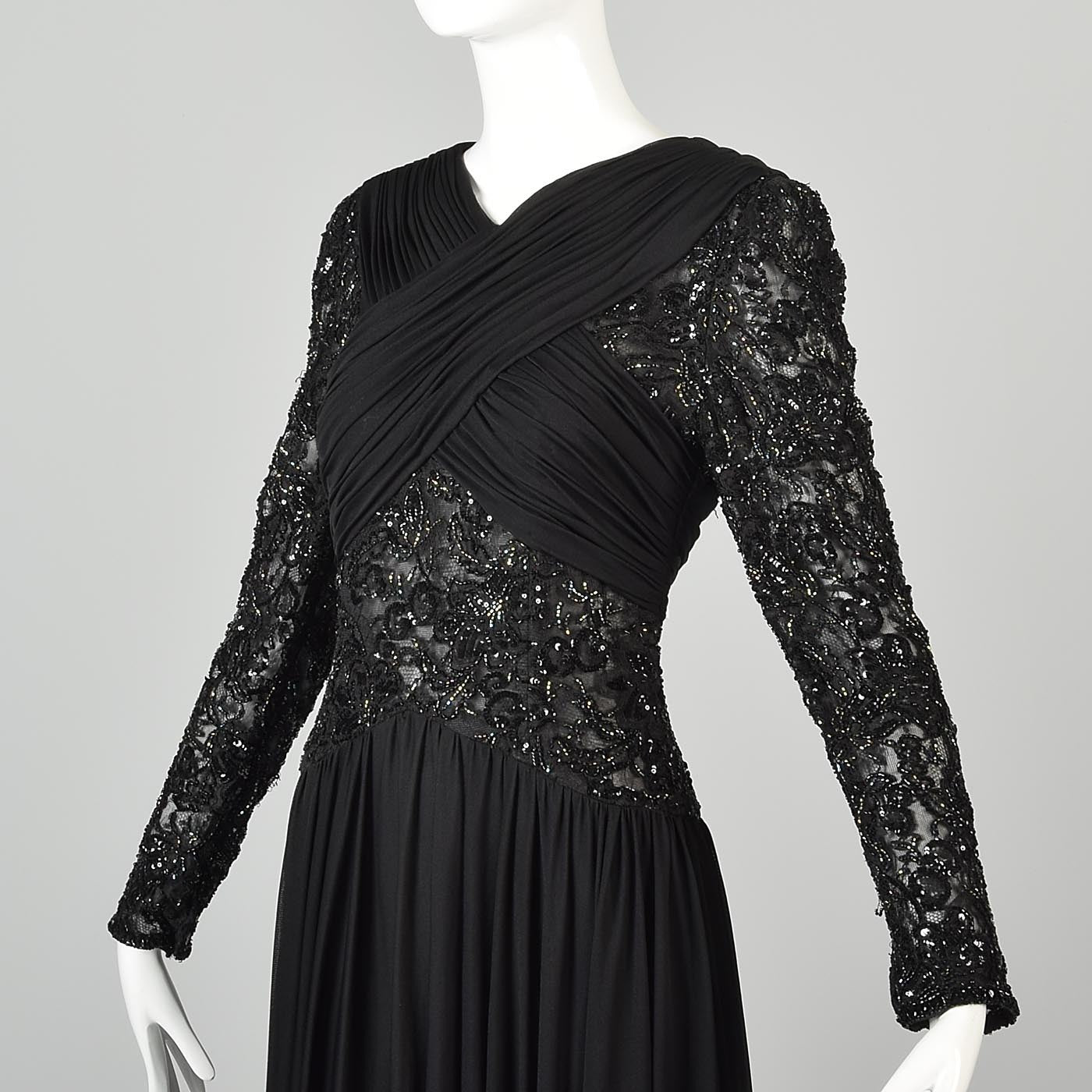 1970s Victoria Royal Black Dress with Sheer Beaded Panels