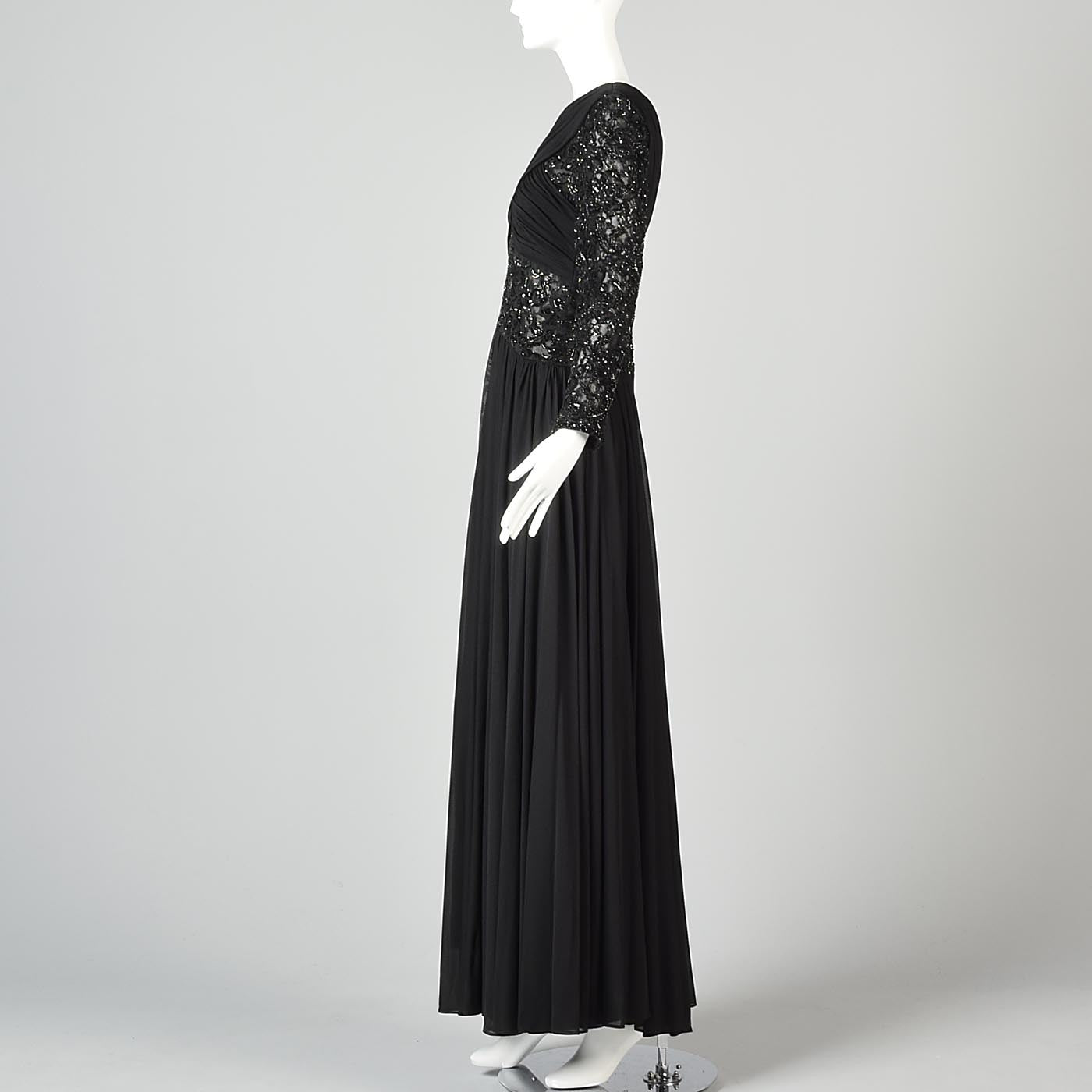 1970s Victoria Royal Black Dress with Sheer Beaded Panels