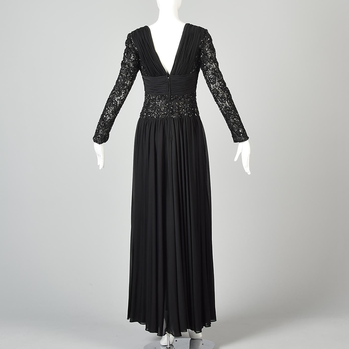 1970s Victoria Royal Black Dress with Sheer Beaded Panels