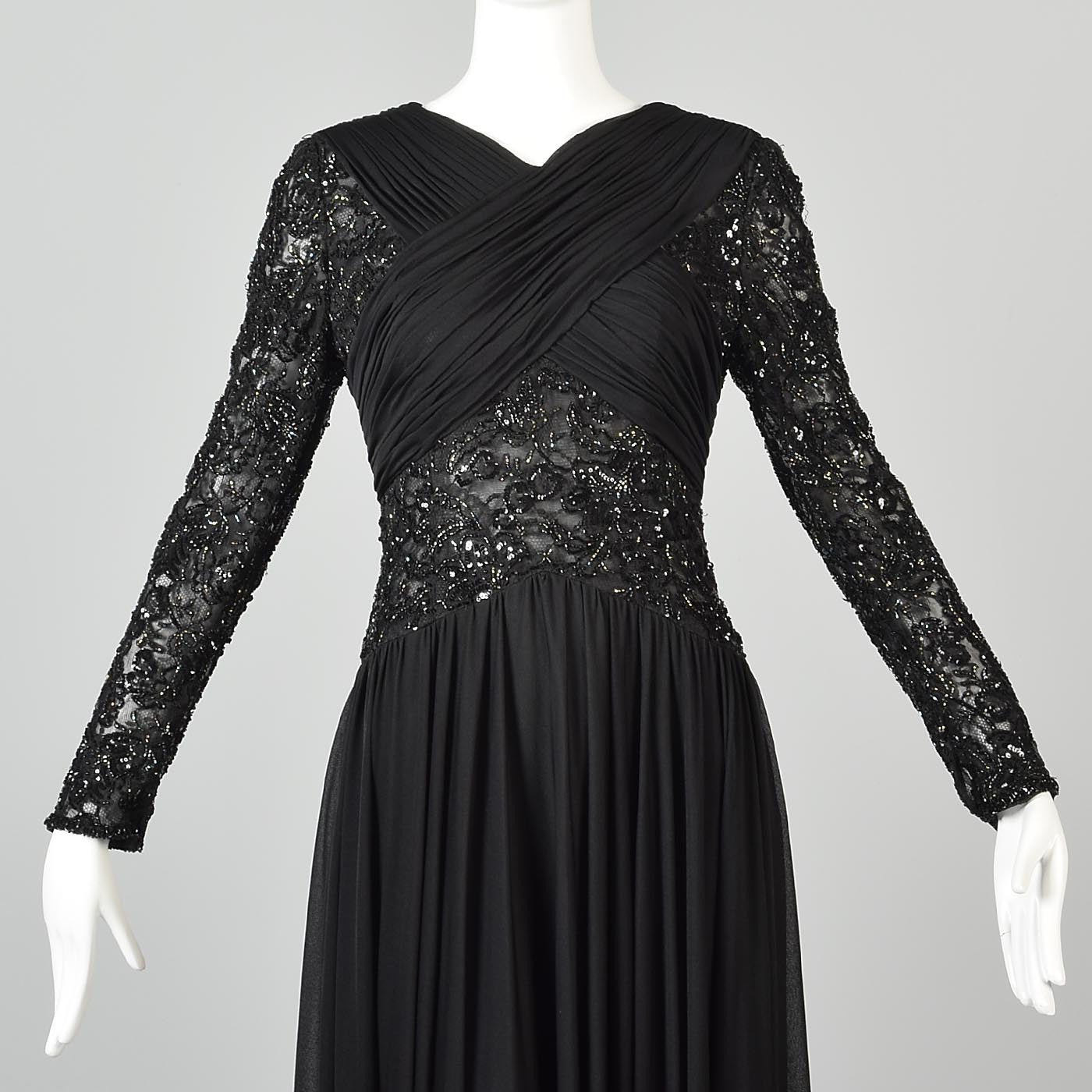 1970s Victoria Royal Black Dress with Sheer Beaded Panels