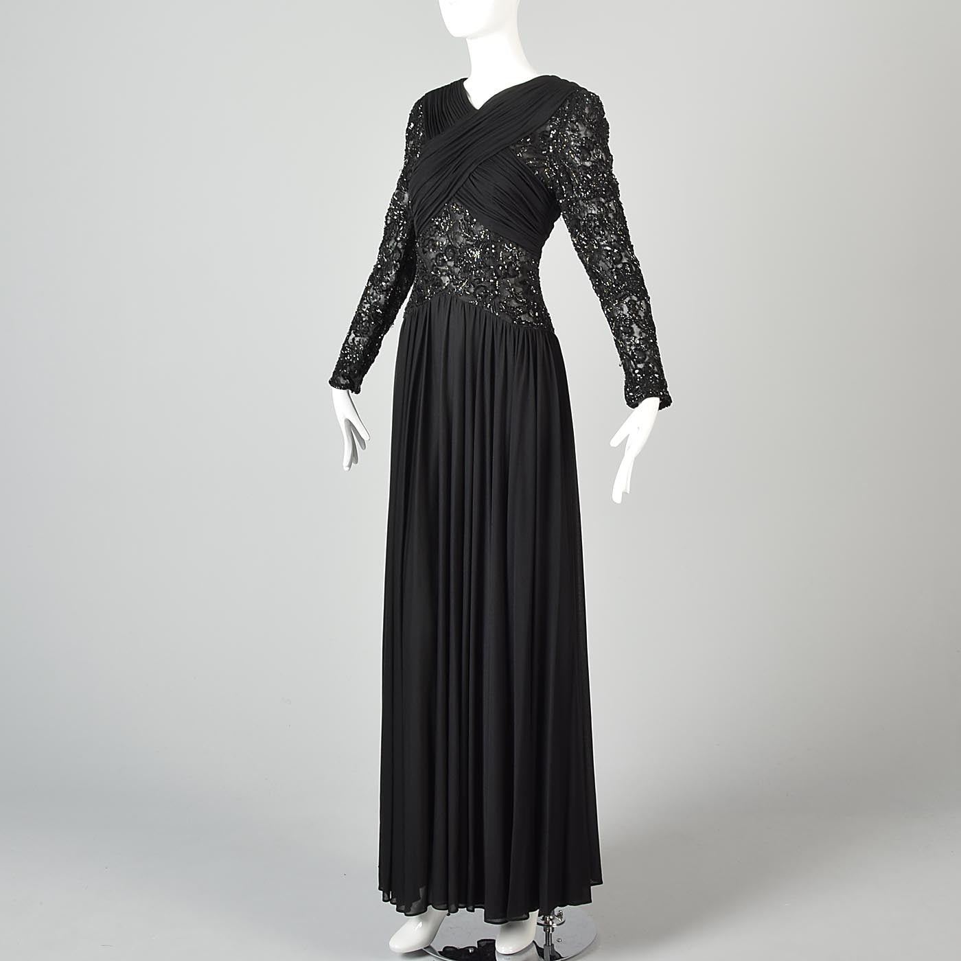 1970s Victoria Royal Black Dress with Sheer Beaded Panels