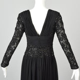 1970s Victoria Royal Black Dress with Sheer Beaded Panels