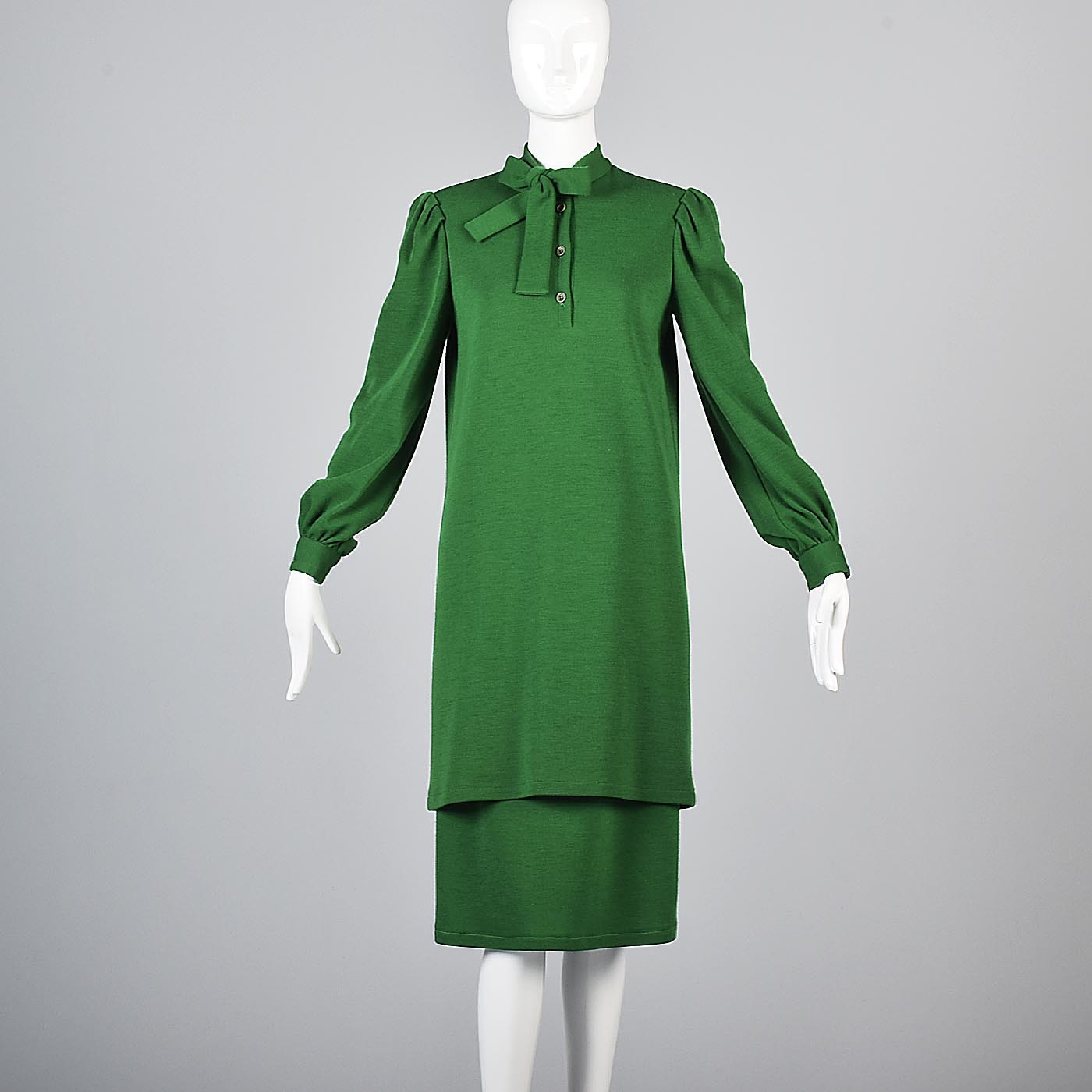 1970s Bill Blass Green Knit Two Piece Separates Set Mini Dress & Skirt