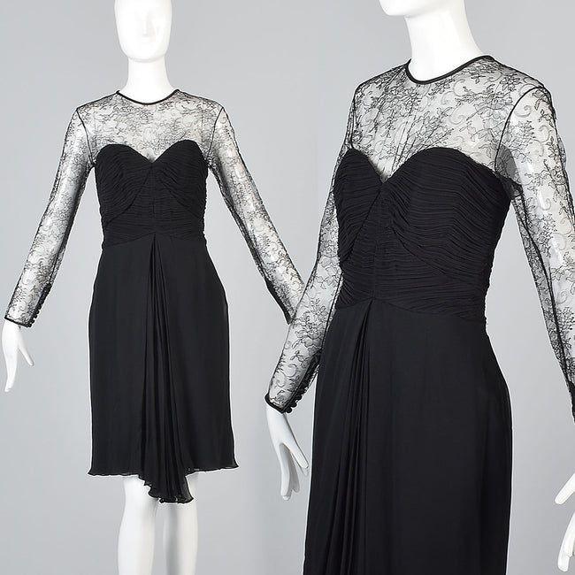 1980s Stanley Platos Little Black Chantilly Lace Dress
