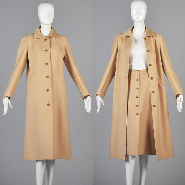 1970s Courreges Camel Coat and Skirt Set with Button Details