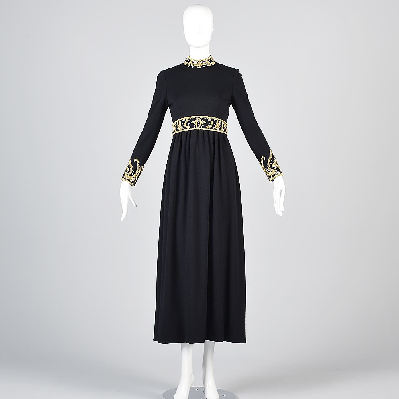 George Halley Black Knit Evening Dress with Beaded Trim