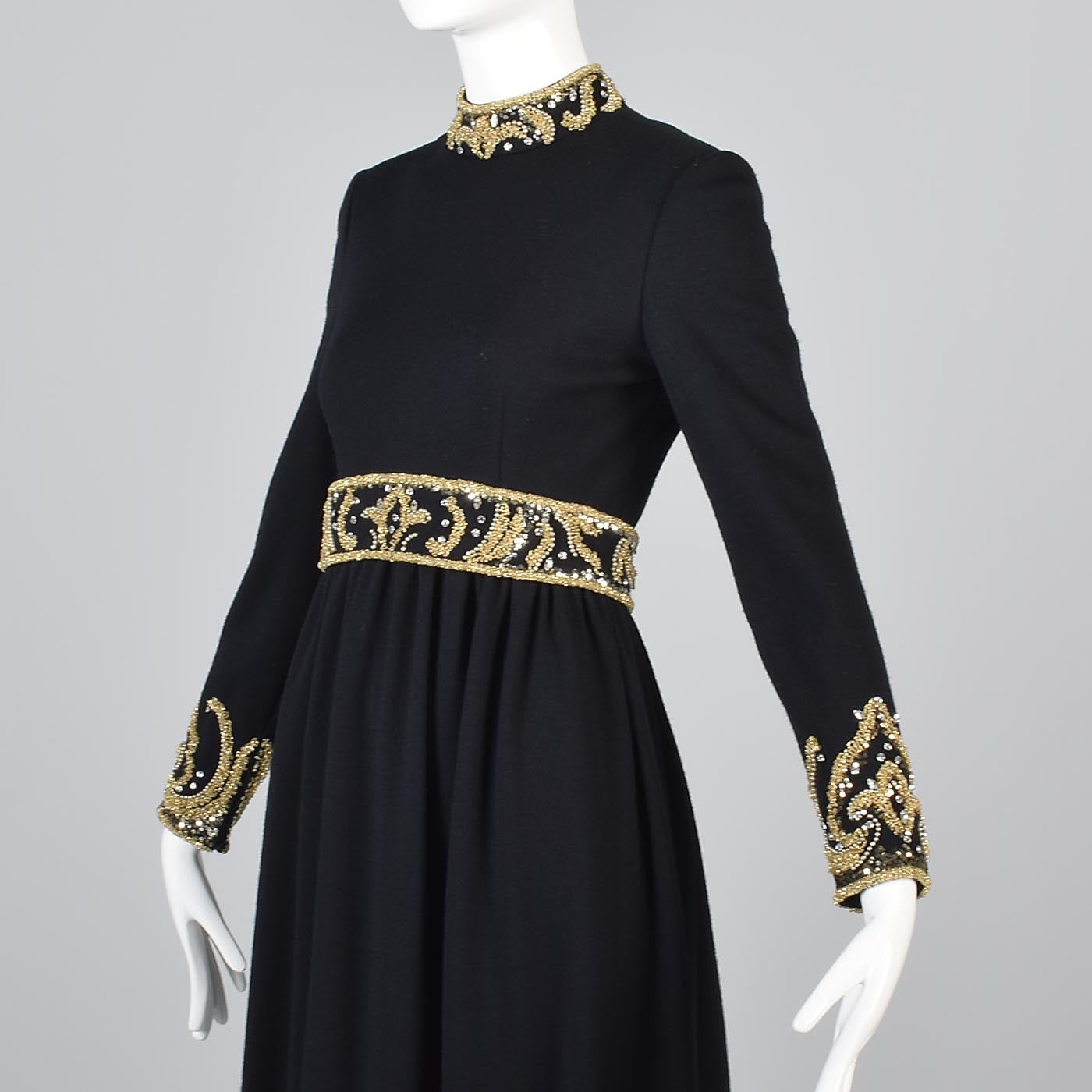George Halley Black Knit Evening Dress with Beaded Trim
