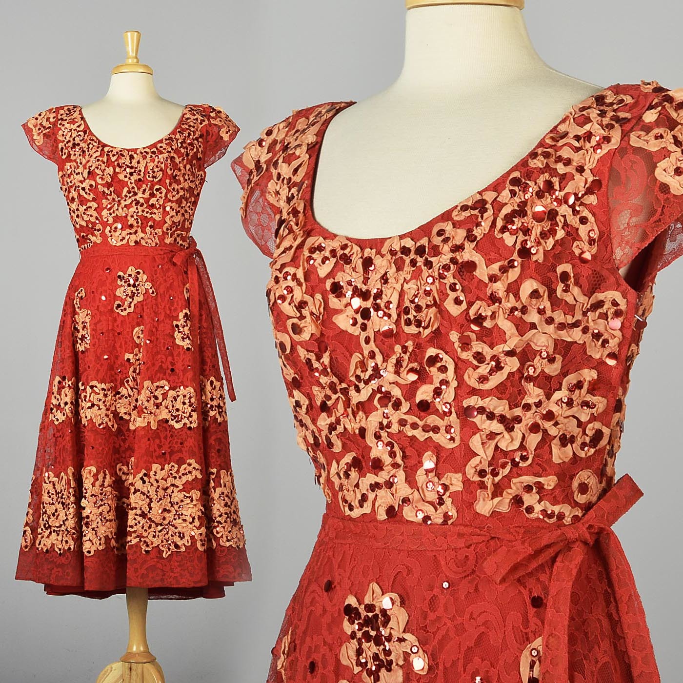 1940s Red Lace Fit & Flare Party Dress by Patric of Miss America