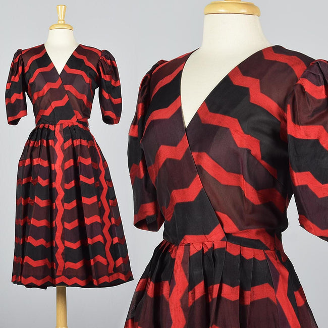 Annie Corvall Paris Silk Cocktail Dress Red & Black Stripe