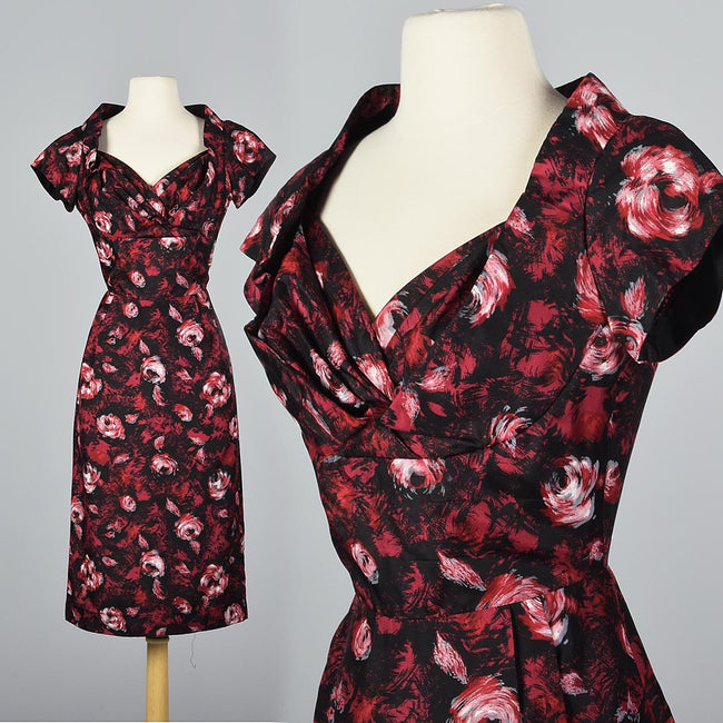 1950s Rose Print Black Silk Dress