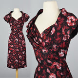 1950s Rose Print Black Silk Dress