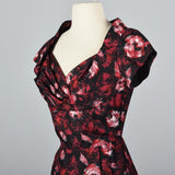 1950s Rose Print Black Silk Dress