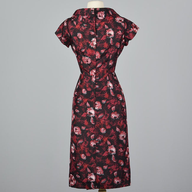 1950s Rose Print Black Silk Dress