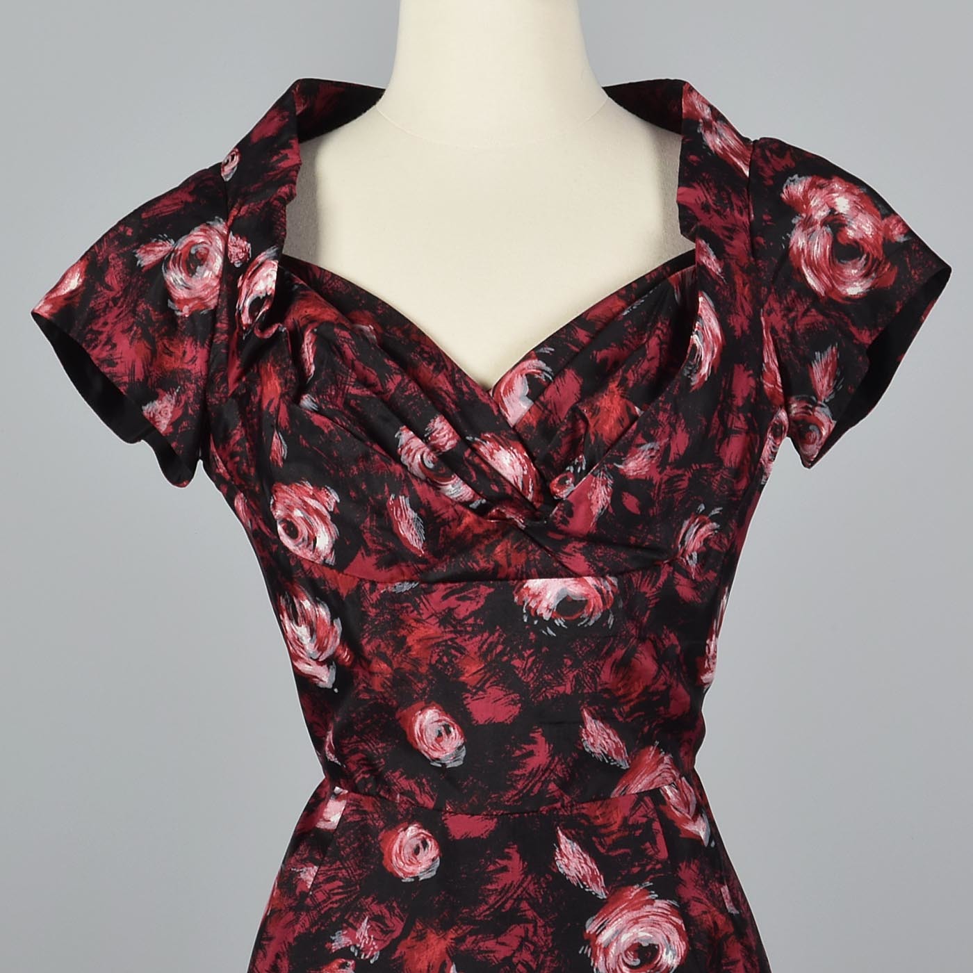 1950s Rose Print Black Silk Dress