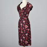 1950s Rose Print Black Silk Dress